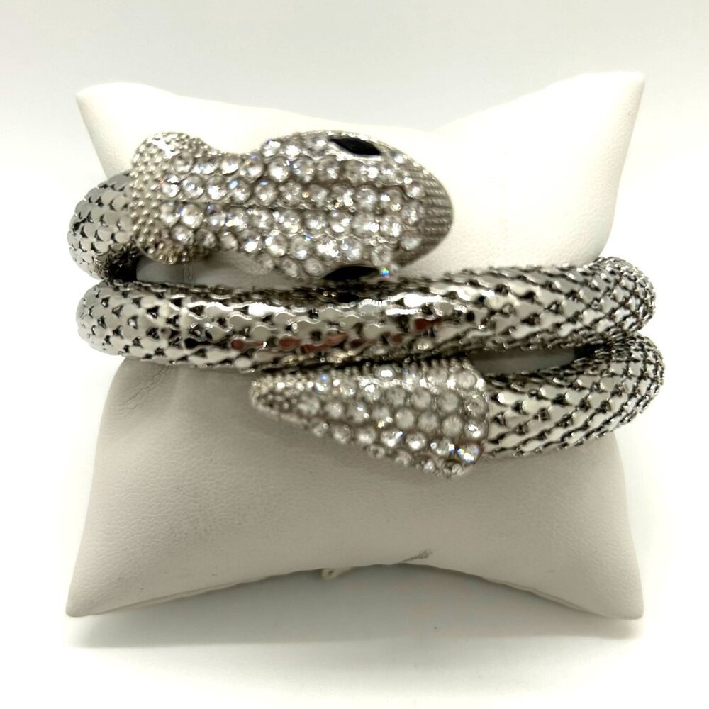 Silver Snake Memory Wire Bracelet Clear Rhinestones & Black Eyes Adjustable - Picture 3 of 11